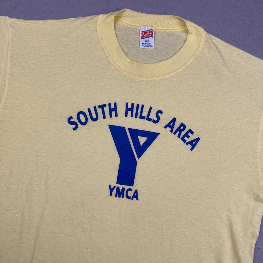 Vintage 80s Soffe South Hills Area YMCA Pittsburgh T-Shirt Yellow Large Made USA